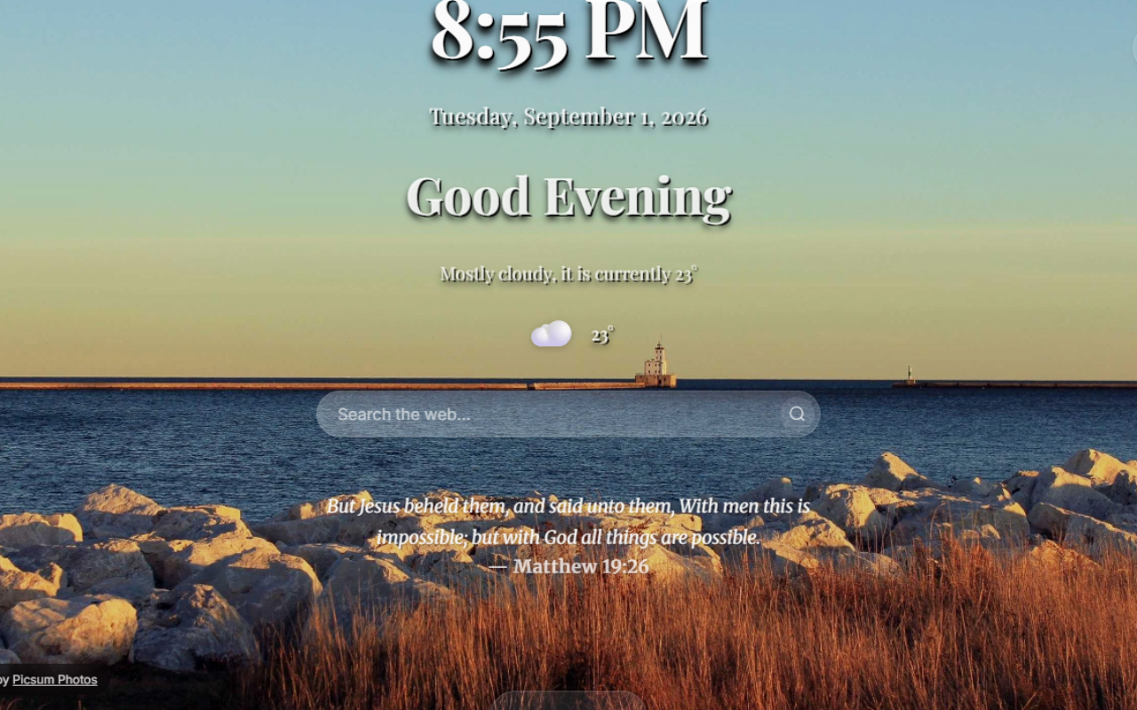 BibliaTab new tab page showing the time, a Bible verse, weather, and search bar over a scenic background