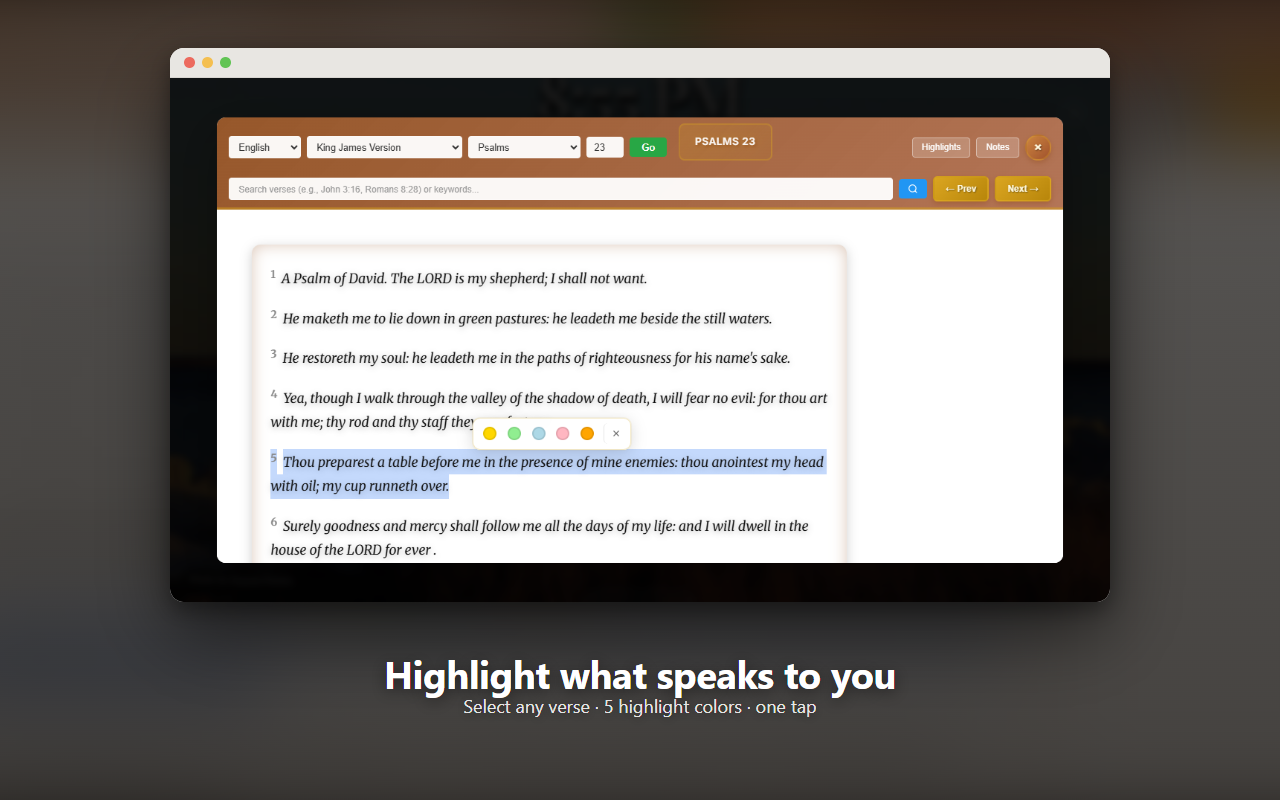 BibliaTab verse highlighting toolbar with 5 colors