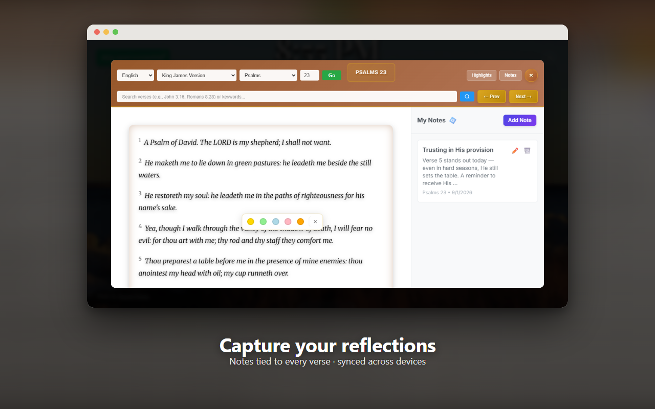 BibliaTab notes panel with a saved reflection